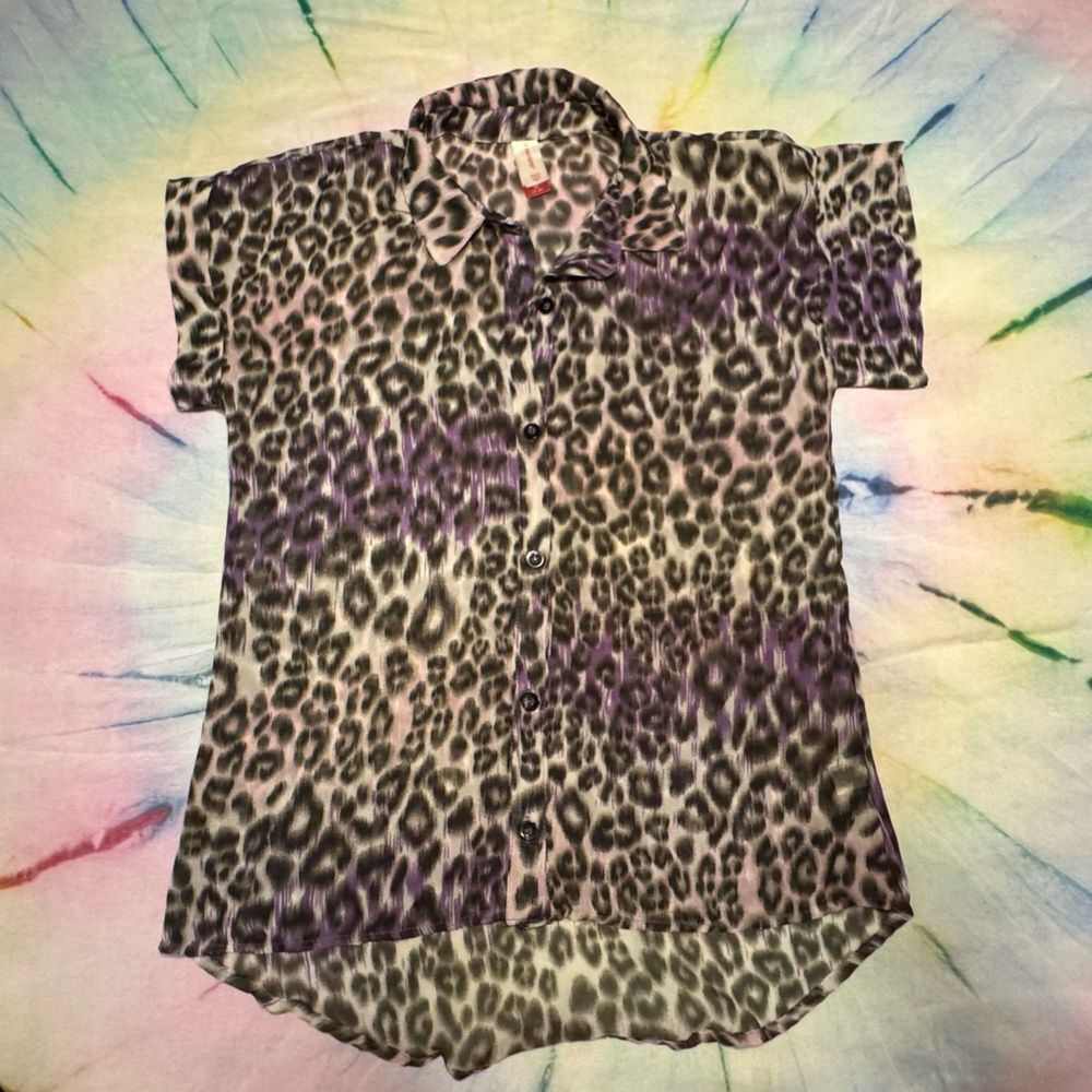 No Boundaries 90's Y2K Purple Leopard Print Sheer Layering Button Down Shirt